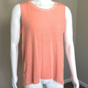 Bright Orange Sleeveless Long Tank with Asymmetric Mesh Panel Hem